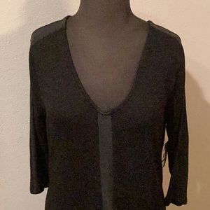 New with tags black 3/4 sleeve knit pullover with faux leather trim
